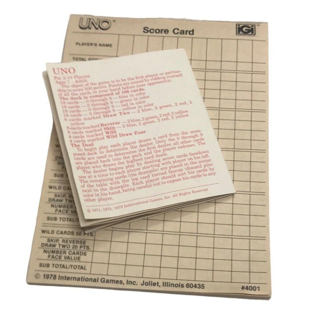 Uno game 40 replacement score cards and instructions ONLY 1978 made in‎ USA